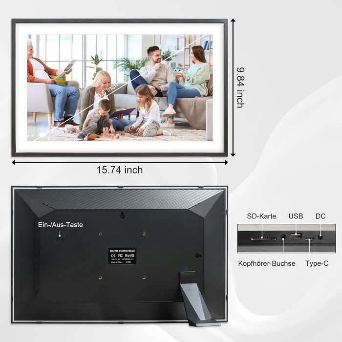 Цифровий фоторамка Frameo 15.6 дюймів, 32 ГБ, FHD 1920x1080, сенсорний екран, Wi-Fi, чорно-білий