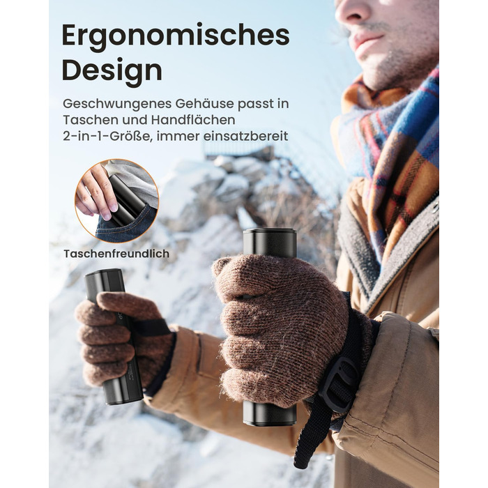 Електричний грівець для рук Gaiatop 8000mAh з LED-ліхтариком (2 шт.), магнітний, 3 швидкості нагріву, для жінок, сім'ї, активного відпочинку, чорний