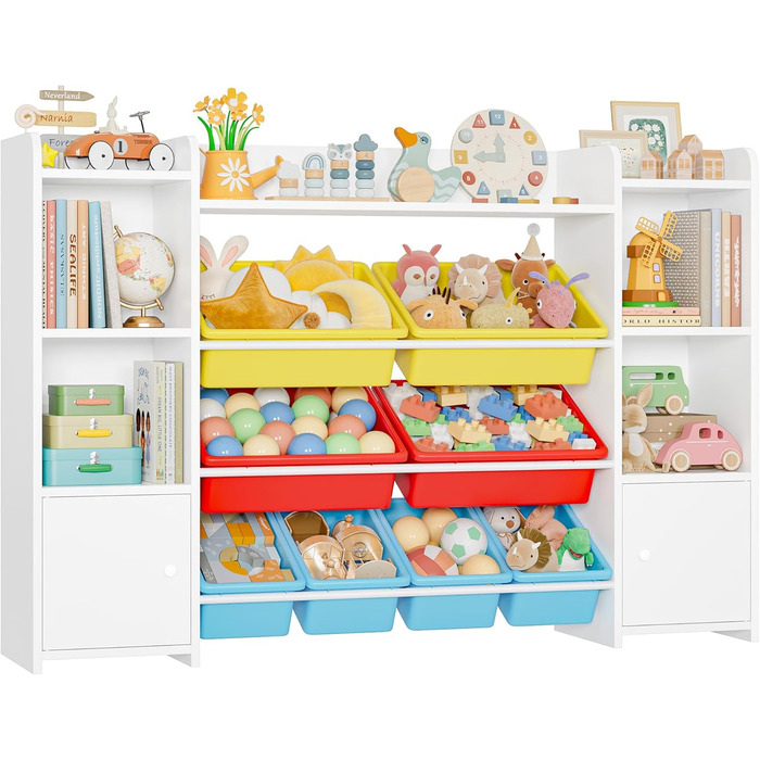 FOREHILL Регульована полиця для іграшок з 8 ящиками, дитячий шафчик, книжкова полиця для дітей, органайзер для іграшок, меблі для дитячої кімнати з іграшковою коробкою, 138,8 x 94,3 x 29,6 см, білий (білий з червоним)