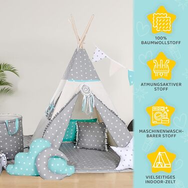 Дитяче намет-типі з ковдрою, подушкою, віконцем та кошиком для іграшок. Намет-індейський для дітей з бавовни, для гри в приміщенні та на вулиці (з елементами вовка, зірки, сірого кольору)