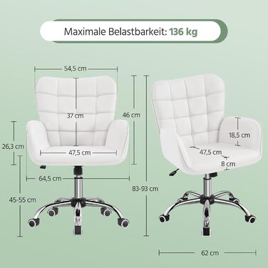 Офісне крісло Yaheetech: ергономічне, регульоване, з підлокітниками та роликами (до 136 кг), біле