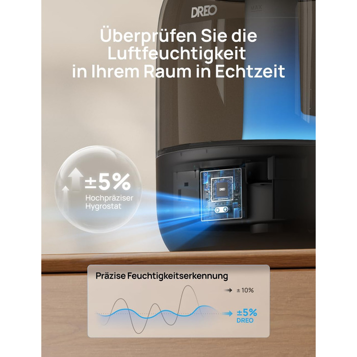 Зволожувач повітря Dreo для спальні, ультразвуковий пристрій холодного туману з 30 годинами роботи, резервуар 3L з верхнім заповненням, датчик вологості, нічне світло для дітей, кімнати, рослин та дому, чорний