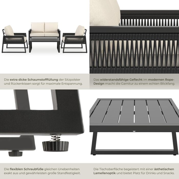 Набір садово-розкішних меблів tectake® з ротангу для саду/балкону: 2 крісла, диван, стіл, подушки, 4 місця, вологостійкі