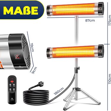 Інфрачервовий обігрівач KESSER® 2500W з пультом дистанційного керування та захисним чохлом, телескопічна стійка, для тераси, кварцовий нагрівач, срібний