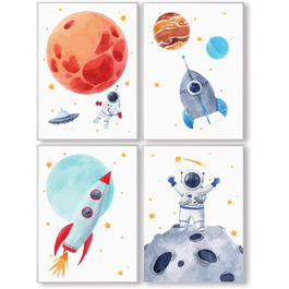 Настінні розписи Пандавал, дитяча кімната/ дитяча кімната, постери для хлопчиків і дівчаток, астронавт / планета, набір з 4 плакатів, прикраса для космосу (P1)
