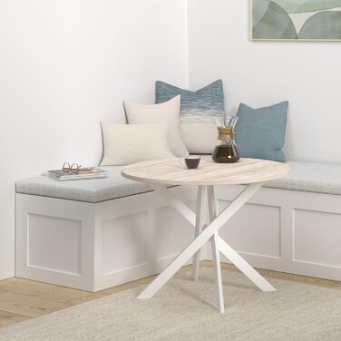 Круглий стіл для їжі Skraut Home Zen | 90x90x77 см | для вітальні | на 4 особи | міцні матеріали (білий + білі ніжки, дуб + білі ніжки)