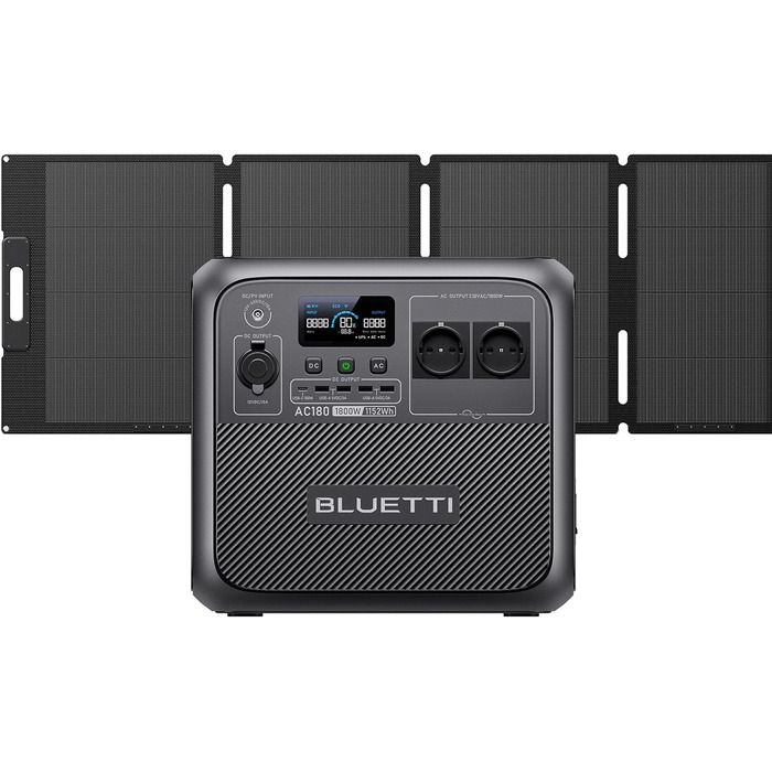 Сонячна панель BLUETTI AC180200W, електростанція LiFePO4 1152 Втгод, 2x1800 Вт змінного струму, швидка зарядка 0-80 за 45 хв