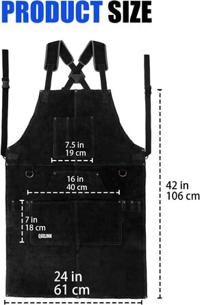 Зварювальна шкура QeeLink з рукавичками - шкіряна шкура з 6 кишенями, вогнестійка та жаростійка робоча шкура (чорна - 61 x 107 см)