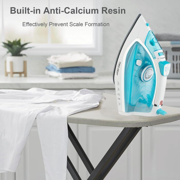 Парова праска з керамічною підошвою, самоочищення, 340 мл резервуар для води, 3000 Вт, автоматичне вимкнення (зелена/блакитна)