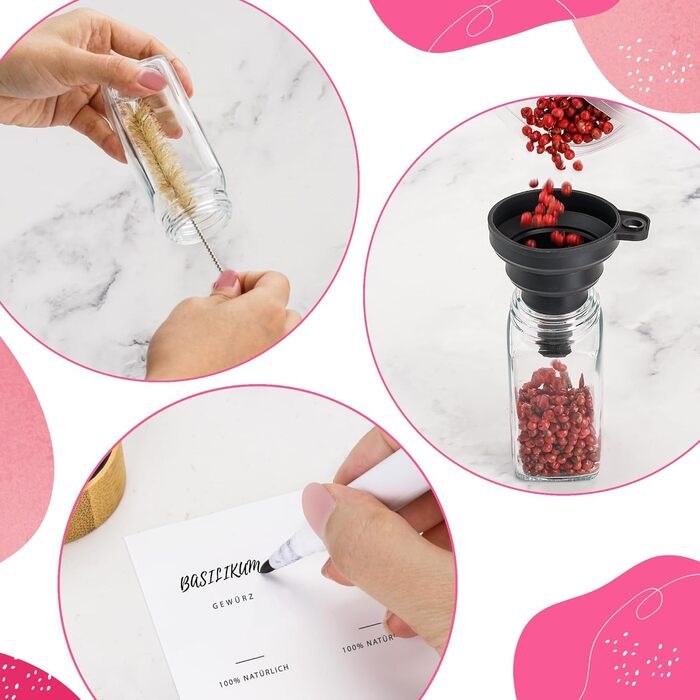 Набір баночок для спецій з дозатором [24 x 120 мл] з етикетками | Баночки для спецій з бамбуковими кришками, органайзер для зберігання, 24 шт.