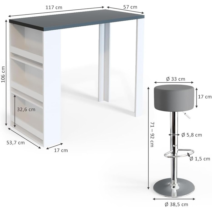 Барний стіл Vicco Bartisch-Set з 2 барними стільцями, 117 x 57 см (Білий/Сірий)