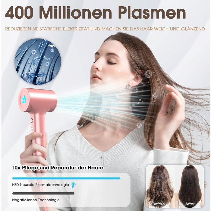 Професійний фен для волосся з дифузором та плазмою (400 млн іонів), безщітковий мотор 110 000 об/хв, низький рівень шуму 57дБ, Rose Gold