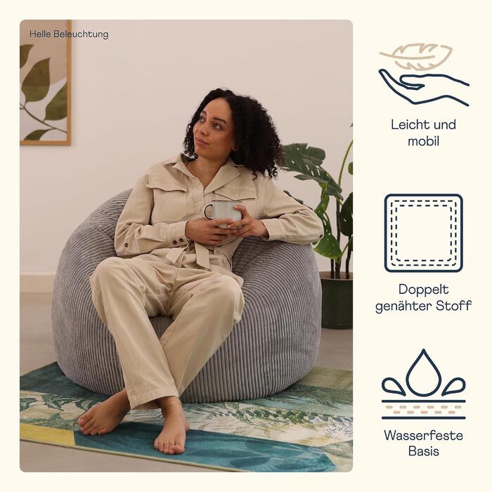 Сірий крісло-мішок Kingston з корду для дорослих, м'який, з наповнювачем, для спальні та вітальні