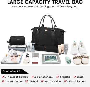 Спортивна сумка LOVEVOOK для подорожей: жіноча дорожня сумка-weekender з культюрною косметичкою, відділенням для взуття та мокрих речей, водонепроникна сумка для ночі, сумки для тренажерного залу, подорожей та аеропорту (37L, чорний)