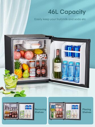 Міні-холодильник E 46L з морозильною камерою, низький рівень шуму 42 дБ, регулювання температури, колір нержавіюча сталь — для офісу, кухні та спальні