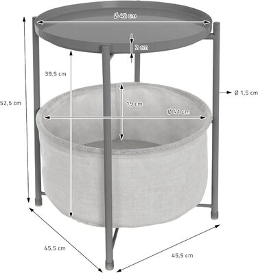 Круглий журнальний стіл ML-Design Ø45,5 x В 52,5 см, сірий, металевий, журнальний столик з тканинним кошиком і знімним підносом, журнальний столик з місцем для зберігання, сучасний дизайн, маленький столик, стіл для вітальні Приліжкова тумбочка
