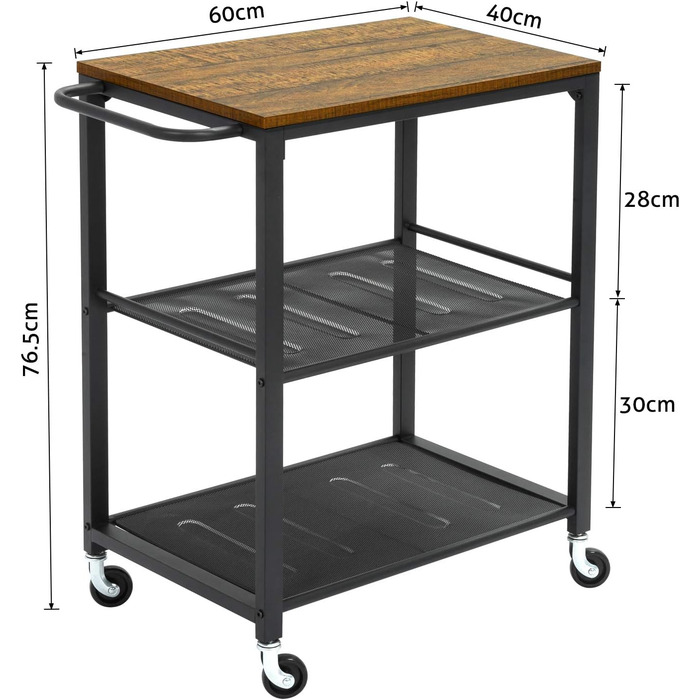 Візок для кухні Meerveil, 4 ролики з гальмом, 3 полиці, металевий каркас, поручень, 60x40x78.5 см, індустріальний стиль