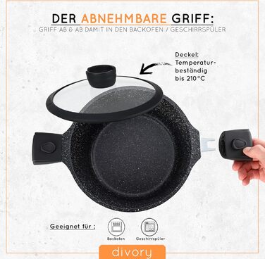 DIVORY Сковорода-гриль 28x28 см з виливом та знімним ручками - для стейків, індукційна, з антипригарним покриттям, з щипцями та захистом для сковороди