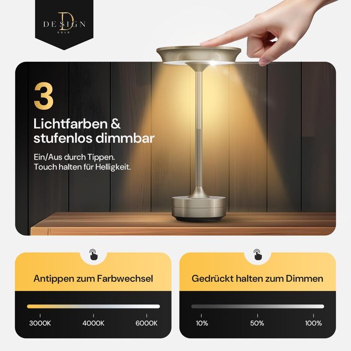 LED настільна лампа Designgold бездротова з акумулятором - стильний дизайн, 3 кольори світла, регулювання яскравості, для дому та на вулицю, срібна