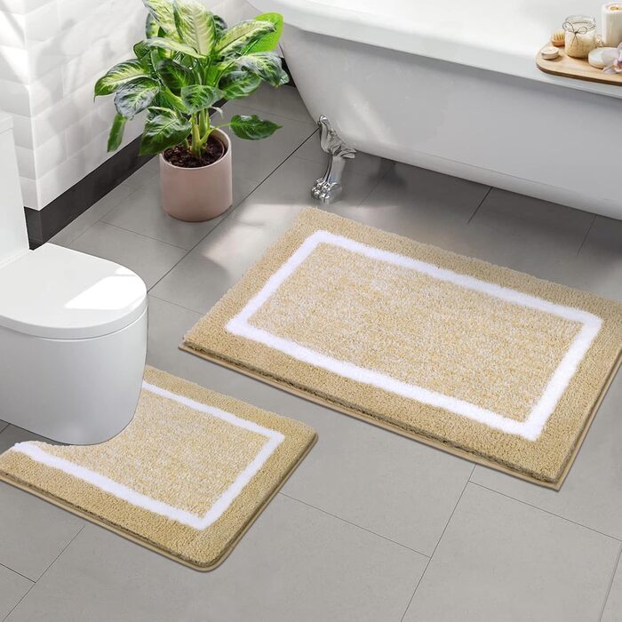М'який килимок для ванної кімнати Pauwer Set 3 шт., мікрофібра, вбираючий, з антиковзаючим покриттям, комплект килимків для ванної, туалетного килимка та килимка перед ванною (Бежевий, 50x80+50x60 см)