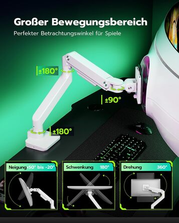 Кріплення для монітора ARES WING з USB A/C, кріплення для монітора 17-49 дюймів, підставка для монітора з газовою пружиною, VESA 75/100 мм, білий