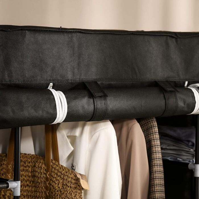Тканинна шафа HOMCOM, Розкладна шафа на блискавці з нетканого матеріалу, Шафа з ангою для одягу та 10 полицями, Портативна вішалка для спальні, чорна, 150 x 43 x 162,5 см