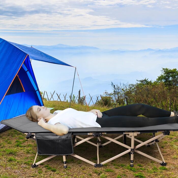 Розкладне кемпінгове ліжко REDCAMP XXL, посилене ліжко для відпочинку (ширина 71 см, навантаження до 226 кг), сіро-чорне