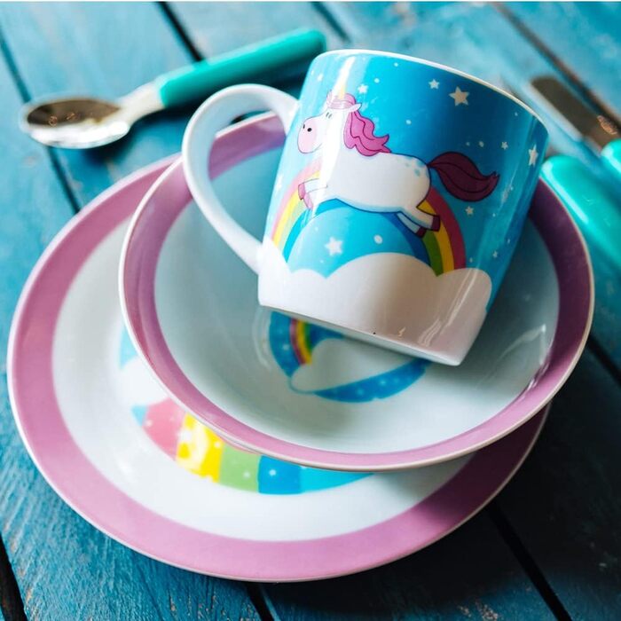 Набір дитячого посуду BIOZOYG з порцеляни (3 шт.): тарілка, чашка, миска з єдинорогом. Безпечний для миття в посудомийній машині. Ідеальний подарунок для дітей!