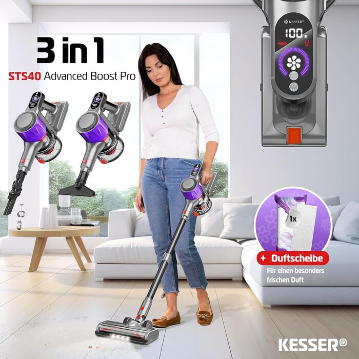 Бездротовий акумуляторний пилосос KESSER® з LED дисплеєм, до 60 хв роботи, тихий, без мішка, з антизаплутуючою насадкою, HEPA фільтром, аромакапсулою (чорний/сірий)