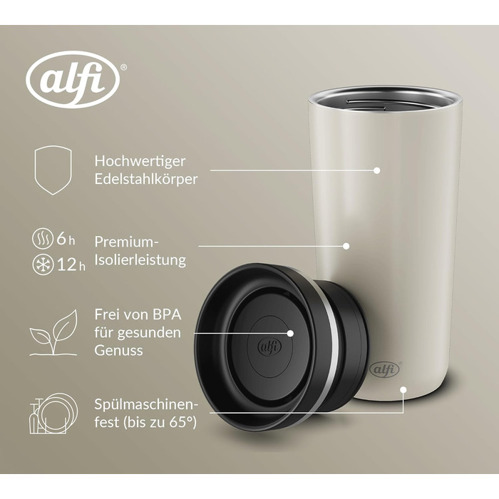 Термокружка Alfi ISO Coffee Mug Pro, бежевий матовий, 0.38 л, нержавіюча сталь, для кави з собою, з термоізоляцією, 6 годин гаряче, 12 годин холодне, без BPA, миється в посудомийній машині