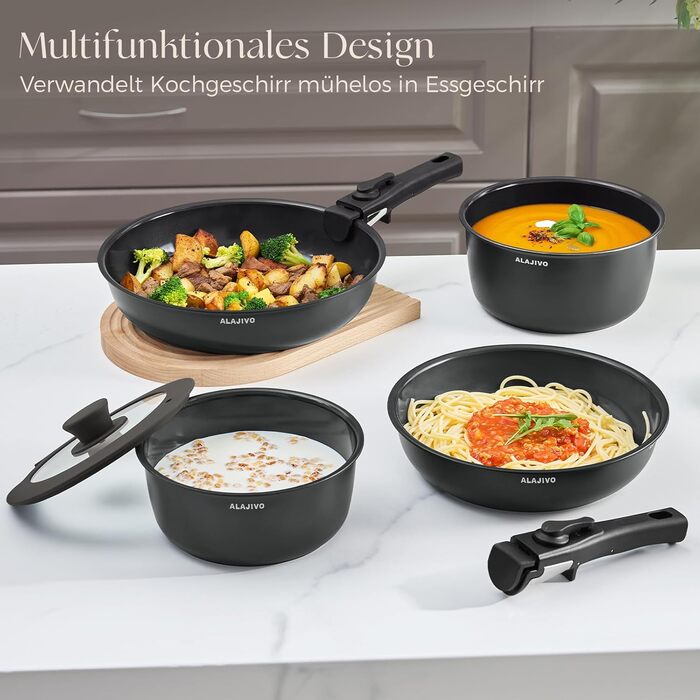 Набір посуду 17 частин з знімним ручками, антипригарне покриття, для всіх типів плит, включаючи індукцію, та духової шафи (темно-сірий)