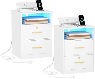 Комплект приліжкових тумб Hzuaneri з LED-підсвіткою, USB і Type-C портами, замком, 2 ящиками та відкритою полицею, білий для спальні та вітальні