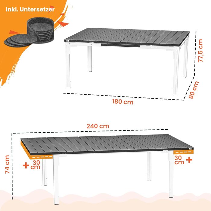 Розкладний садовий стіл KESSER® 180/240x90 см для 8 осіб. Стіл з розширенням, сталеве покриття, HDPE стільниця, стійкий до погодних умов та УФ-випромінювання. В комплекті 6 підставок з фетру (антрацит/білий).