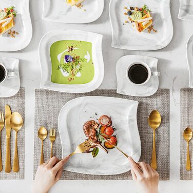 МАЛАКАСА, серія Ельвіра, 60 шт. Набір посуду з мармурової порцеляни, комбінований сервіз, сервіровка столу з чашками, блюдцями, десертними тарілками