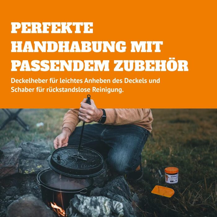 Набір Dutch Oven Petromax Feuertopf ft9-t: чавунний казан 7,5 л з плоским дном, підставкою, піднімачем кришки, пастою для догляду та скребком для гриля та відкритого вогню