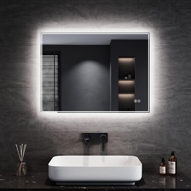 Дзеркало для ванної кімнати SONNI з підсвічуванням 80x60 см, 3 кольори світла, проти запотівання, LED, сенсорна кнопка, годинник, температура, 3-кратне збільшення