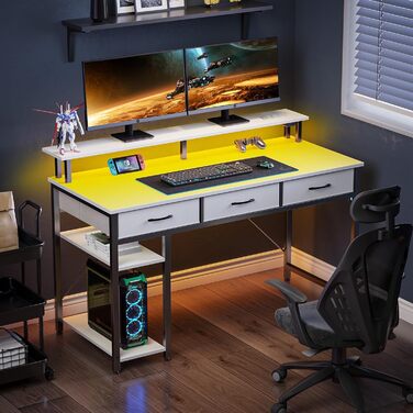 Комп'ютерний стіл Rolanstar з ящиками, розетками та LED підсвіткою, геймінговий стіл з підставкою для монітора, полиця та 2 гачки, для офісу та вітальні (білий, 100x47x90,5 см)