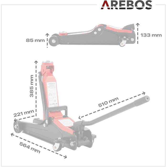 Гідравлічний підйомник Arebos 2T для авто: низькопрофільний, 85-385 мм + 4 гумові накладки