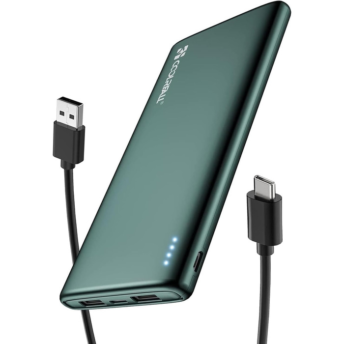 Портативний зарядний пристрій для смартфонів, чорний/зелений, 10000 mAh, USB C & 2 USB