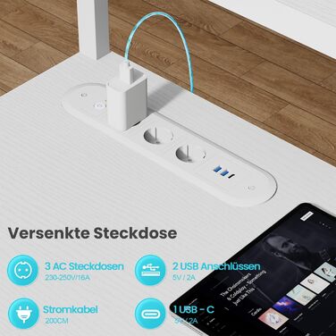 Ігровий стіл кутовий L-подібний з 3 розетками та 2 USB, LED підсвітка, стіл для комп'ютера з ящиками та підставкою для монітора, 150 x 100 см, білий