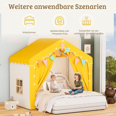 Дитяче намет-будиночок EROMMY 2-в-1 з килимком, прапорцями та світлодіодними смугами, з двома дверцятами, з даховим віконцем, для дому, від 3 років (Жовтий)