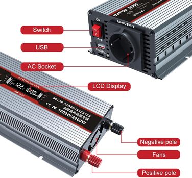 Інвертор DATOUBOSS Перетворювачі напруги від 12 В до 230 В з чистим синусом 1000 Вт/2000 Вт з портами USB та розетками ЄС для будинків, караванів, сонячних систем Сірий 1000 Вт 12 В