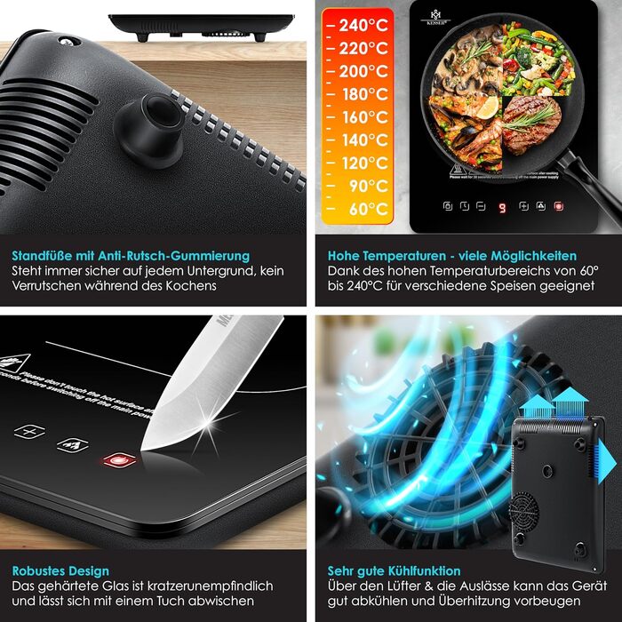 Індукційна плитка KESSER® 2100W з 1 зоною, 28 см, сенсорне керування, таймер, мікрофібра та рецепти