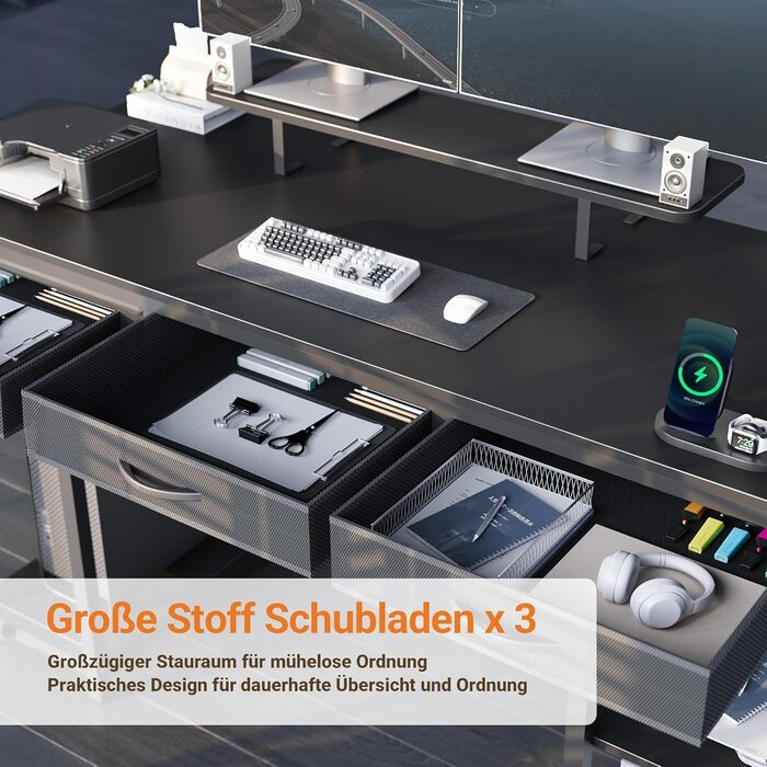 Комп'ютерний стіл Claiks з 3 шухлядами, полицею, 2 розетками та 2 USB-портами для зарядки, білий (120 x 60 см), чорний