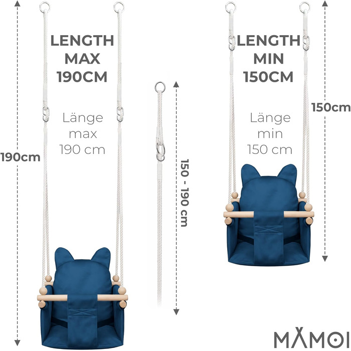 Дитяча гойдалка-колиска MAMOI з ременем безпеки, регульована висота 150-190 см, блакитна. Гойдалка для дому, міцна конструкція, м'яке сидіння, легкий монтаж