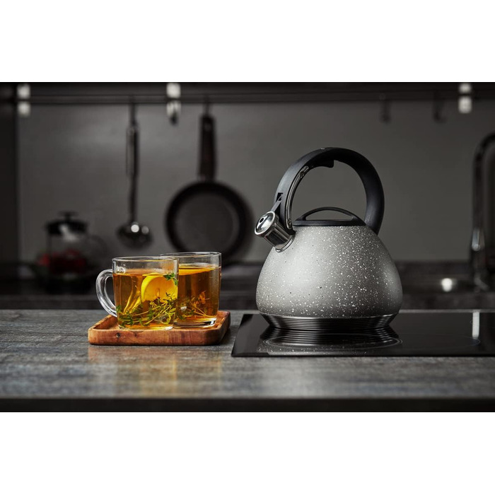 Чайник з флейтою, чайник зі свистком, чайник з мармуровим покриттям поверхні - Чайник з багатошаровим капсульним дном - Чайник трубчастий 2,7 літра для всіх типів плит / (Світло-сірий), 90603