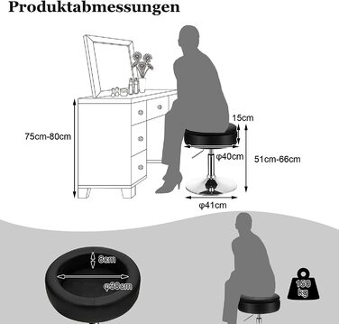 Поворотний стілець COSTWAY з регульованою висотою 51-66 см, стілець для сидіння зі штучної шкіри з місцем для зберігання, стілець для макіяжу з можливістю повороту на 360 (чорний)