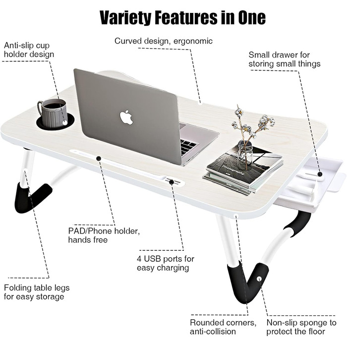Стіл для ноутбука в ліжко/на диван, складаний, з USB-портами, ящиком та підставкою для планшета (60 x 40 см, білий)