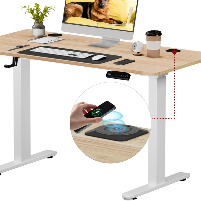 Регульований стіл Sanodesk з бездротовою зарядкою та подвійним мотором, компактний 110x54 см. Стабільний електричний столик для стоячи/сидячи (110 x 54 см, горіх)