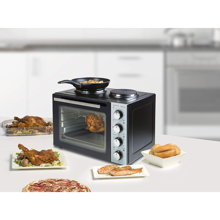 Міні-піч Bestron AOV31PS з поворотним шампуром та каменем для піци, 1500 Вт, нержавіюча сталь (31 літр)